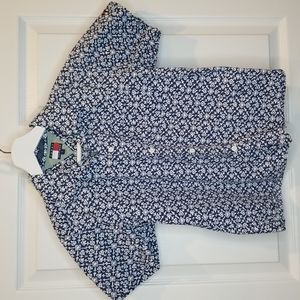 Tommy Hilfiger Short Sleeve Button Down All Over Blue and White Print, Boys 7